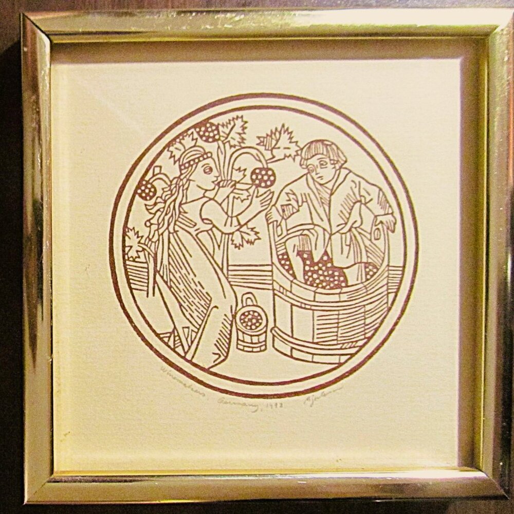 Allen Bjorkman Linoleum Block Print, “Winemakers”, 15th Century European Design